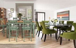 Green dining room table and chairs