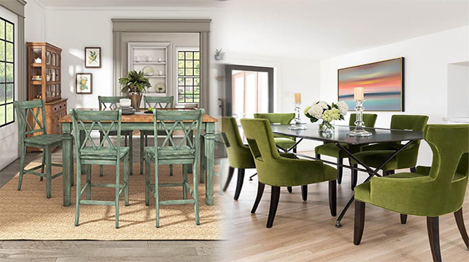 Green dining room table and chairs